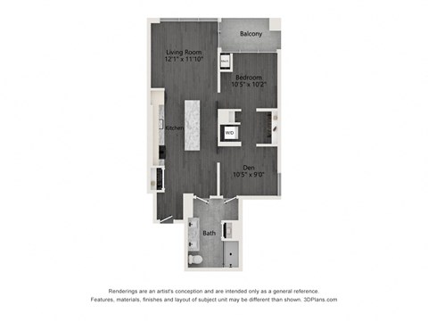 Floor plan for 1 bed, 1 bath, 875 sqft
